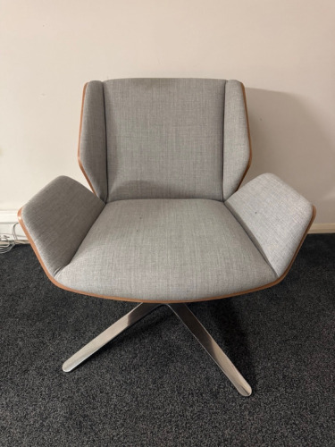 Boss Design Kruze Low Back KRU12 Swivel Armchair in Grey Fabric, with Wooden Back & Chrome Legs.