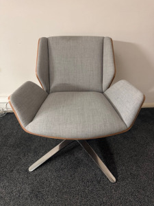 Boss Design Kruze Low Back KRU12 Swivel Armchair in Grey Fabric, with Wooden Back & Chrome Legs.