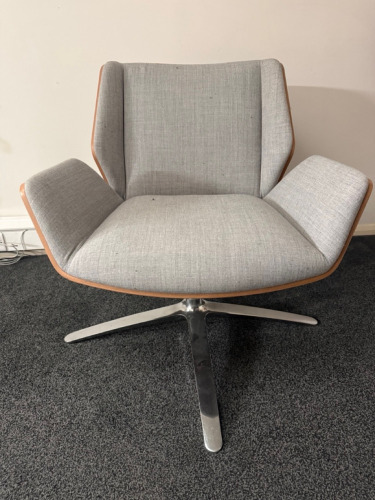 Boss Design Kruze Low Back KRU12 Swivel Armchair in Grey Fabric, with Wooden Back & Chrome Legs.