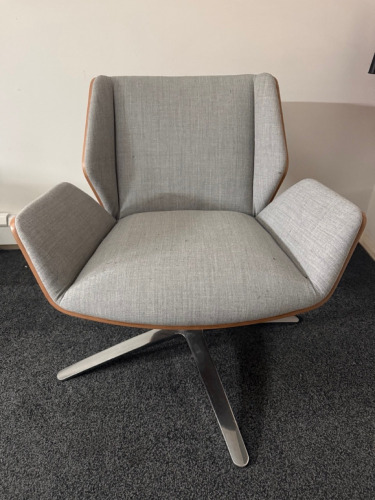 Boss Design Kruze Low Back KRU12 Swivel Armchair in Grey Fabric, with Wooden Back & Chrome Legs.