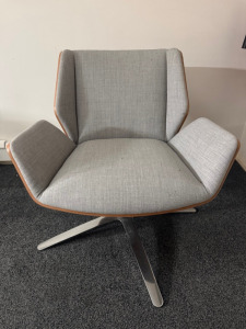 Boss Design Kruze Low Back KRU12 Swivel Armchair in Grey Fabric, with Wooden Back & Chrome Legs.