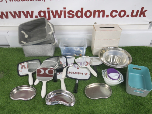 Quantity of Beauty Accessories to Include: 10 x Handheld Mirrors, 12 x Combs, 5 x Brushes, 9 x Hair Clips, 3 x Tissue Boxes, 4 x Containers, 7 x Stainless Steel Kidney Dishes & 12 x Assorted Sized Bowls.