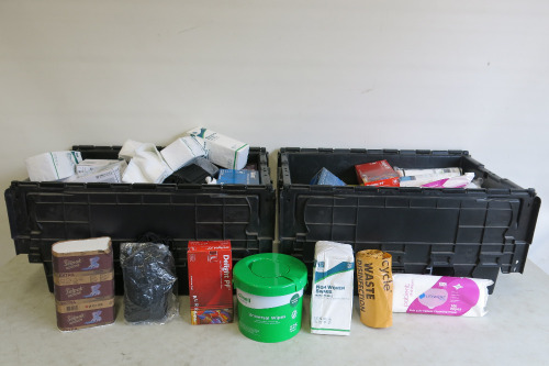 Large Lot of Cleaning/Protective Equipment to Include: 18 x Boxes of Examination Gloves, 12 x Packets of Tissues, 13 x Boxes/Packets of Anti-Bac Cleansing Wipes, 16 x Packets of Cotton Wool Pads, 18 x Packets of Non Woven Swabs, 3 x Rolls of Bin Bags & 2 