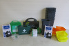 Lot to Include: 11 x Sharps Safe Bins with Lids, 2 x First Aid Kits, 1 x Biohazard Body Fluid Clean Up Kit, 1 x Hypaguard Pocket Face Mask, 1 x Box of Saline Eye Wash Sterile Solution & 2 x Sphygmomanometers with Stethoscopes.