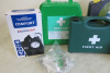 Lot to Include: 11 x Sharps Safe Bins with Lids, 2 x First Aid Kits, 1 x Biohazard Body Fluid Clean Up Kit, 1 x Hypaguard Pocket Face Mask, 1 x Box of Saline Eye Wash Sterile Solution & 2 x Sphygmomanometers with Stethoscopes. - 2