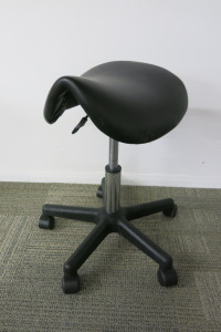 Height Adjustable Black Saddle Massage Stool, with Black Legs.