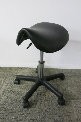 Height Adjustable Black Saddle Massage Stool, with Black Legs.