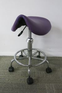 Height Adjustable Purple Saddle Massage Stool, with Chrome Legs.