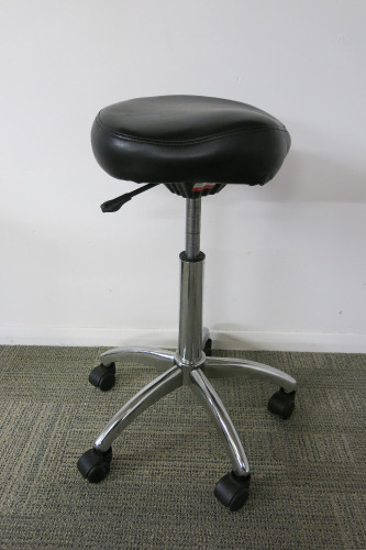 Height Adjustable Black Medical Rolling Stool, with Chrome Legs.