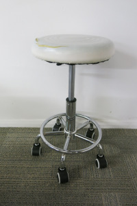 Height Adjustable White Medical Rolling Stool, with Chrome Legs.