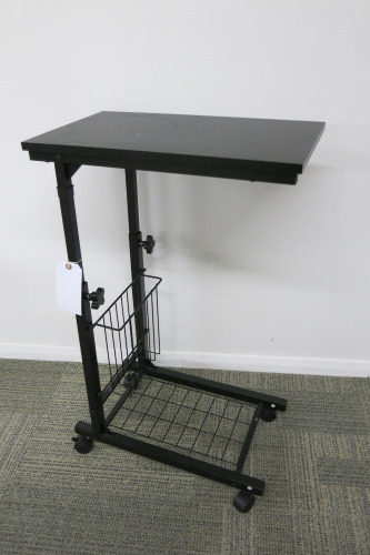 Height Adjustable Mobile Black Side Table, with Wooden Top & Mesh Storage.