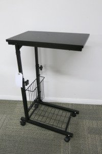 Height Adjustable Mobile Black Side Table, with Wooden Top & Mesh Storage.