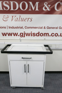 Mobile Metal Skin Ceuticals Branded, 2 Door, 1 Drawer Mobile Storage Cabinet. Size H90 x W70 x D38cm. NOTE: missing top black trays.