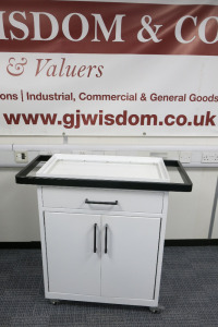 Mobile Metal Skin Ceuticals Branded, 2 Door, 1 Drawer Mobile Storage Cabinet. Size H90 x W70 x D38cm. NOTE: missing top black trays.
