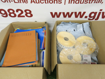 2 x Boxes Containing Assorted Colour Paper Folders, Delivery Bags, Labels & Tape. (As Viewed).