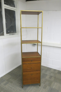 Freestanding Shelf & Draw Unit with 3 Draws & 3 Shelves in Brass & Wood. Size H179 x W46 x D38cm.