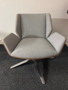 Boss Design Kruze Low Back KRU12 Swivel Armchair in Grey Fabric, with Wooden Back & Chrome Legs.