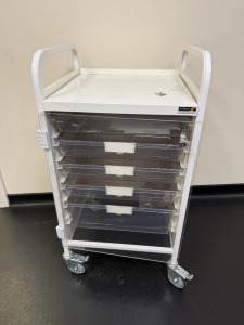 Sunflower Mobile Medical Multi Draw Cabinet with Clear Door. Size H100 x W52 x D50cm. NOTE: key snapped in lock.