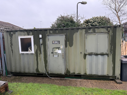 20ft Lined & Insulated, Site Container/Cabin, Used as Store Room with Side Door, 3 Windows, 240v Power, Lighting & Sockets. (Used for Storage). NOTE: Location for viewing & collection AL10 0BS, by appointment only.