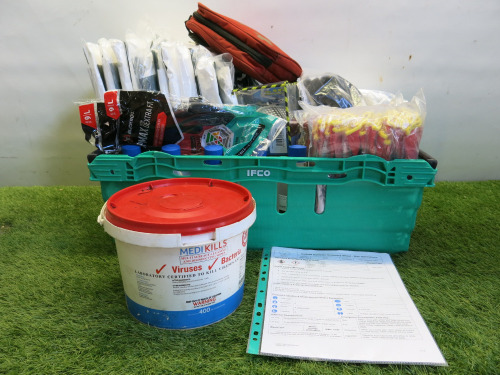 Quantity of PPE to Include: 1 x Stein Aerial Rescue Kit, 9 x Dupont Pro Shield Protective Clothing, 5 x 500ml Sterowash Eye Wash, 2 x Packs of Protective Gloves, 300 Pcs of Yellow Non Sterile Bags, 2 x Half Respirator Masks & Part Filled Tub of Medi Kills