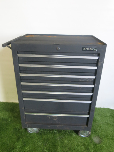 US Pro Tools Mobile 7 Drawer Tool Chest. Comes with an Assortment of Tools to Include: Assorted Spanners, Electrical Accessories, Thread Repair Kits, Wrenches, Etc As Viewed/Pictured.