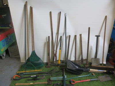 Large Quantity of Groundworks Tools to Include: 4 x Rakes, 5 x Spades, 2 x Forks, 1 x Axe, 1 x Saw, 3 x Pick Axe, 2 x Pick Axe Heads, 3 x Sledge Hammers, 1 x Post Hole Digger, 1 x Compactor, 1 x Metal Spike & 2 x Metal Floor Anchors.
