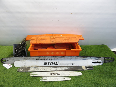 5 x Chainsaw Bars. Sizes from 18" to 46" Comes with 4 x Used Chain Saw Blades & 13 x Chain Saw Blade Covers.(As Viewed).