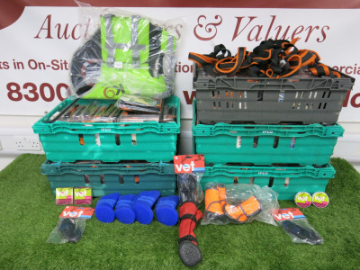 Large Quantity of Dog/Vet Accessories to Include: 98 x Assorted Sized Dog Lift Support Harness, 10 x Westcoast Dog Life Vest, Size XXL, 280 x Vet Protective Boots For Dogs, 10 x Sets of 4 Assorted Size Protective Boots for Dogs, 280 x Vet Balm Soothing B