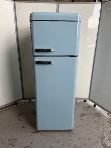 Swan Retro Fridge Freezer In Blue, Model ST49GD, S/N SR11010BLN. Size H150 x W55 x D60cm.