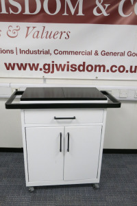 Mobile Metal Skin Ceuticals Branded, 2 Door, 1 Drawer Mobile Storage Cabinet. Size H90 x W70 x D38cm.