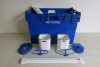 Lot of Coolsculpting Machine Attachment Equipment to Include: 16 x Attachment Protective Bonnets, 5 x Machine Attachment Holders, 2 x Slide-In Shelf for Machine Attachment Holders & Various Blue Machine Attachment Stands. NOTE: crates not included.