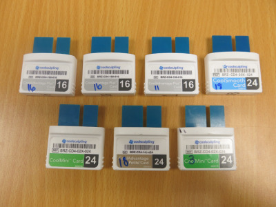 7 x Zeltiq Coolsculpting Machine Cards to Include:2 x Cooladvantage Plus Cards, with 16 x Available Uses. 1 x Cooladvantage Plus Card, with 1 x Available Uses. 1 x Cooladvantage Petite Card, with 10 x Available Uses. 1 x CoolMini Card, with 18 x Available