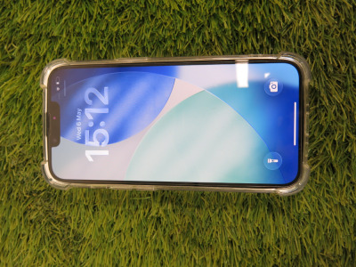 iPhone 14, 128GB, S/N C3ORP49TJL, in Midnight Blue with Clear Case.