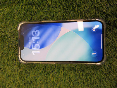 iPhone 14, 128GB, S/N MW7VFRXT4K, in Midnight Blue with Clear Case.
