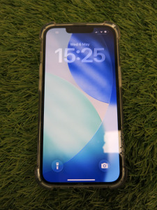 iPhone 13, 128GB, S/N J36NVXG1FX, in Midnight Blue with Clear Case.