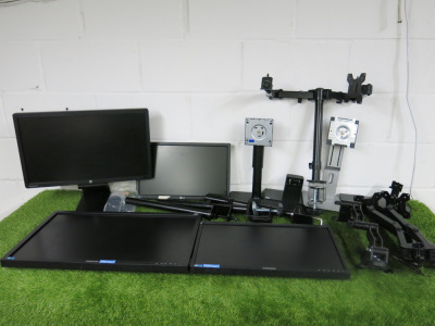 Assorted Lot of Monitors & Accessories to Include: 4 x Monitors, 5 x Stands & 4 x Dual Arm Desk Monitor Mount.
