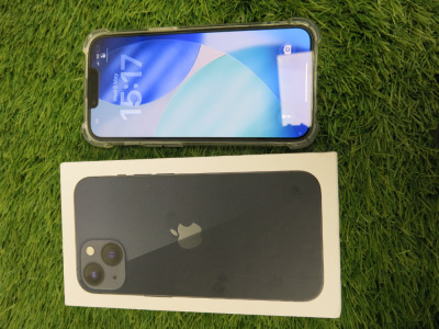 iPhone 14, 128GB, S/N CYQK4347DW, in Midnight Blue with Clear Case. Comes with a Box.