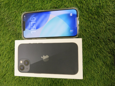 iPhone 13, 128GB, S/N KV46GXV7CQ, in Midnight Blue with Clear Case. Comes with Original Box.