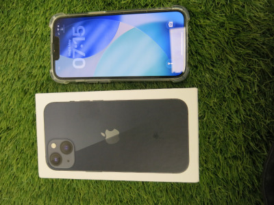 iPhone 13, 128GB, S/N TH2YRVX41N, in Midnight Blue with Clear Case. Comes with a Box.