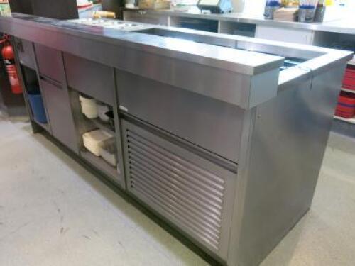 idesign Bespoke Stainless Steel Hot & Cold Filling Station with 8 x Hot Bain Marie & 21 x Cold Filling Pots. Under Counter Storage with 240v Plug. Size H95cm x W208cm x D85cm