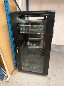 Music Equipment in Server Cabinet (H108 x W57 x D50cm) with Glass Door, to Include: Phenyx Pro PTU-500 Mic System Receiver, 2 x Phenyx Pro Microphones, Monacor PA-12040 Mixing Amplifier & Yamaha NS-SW050 Subwoofer (As Viewed).