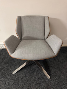 Boss Design Kruze Low Back KRU12 Swivel Armchair in Grey Fabric, with Wooden Back & Chrome Legs.