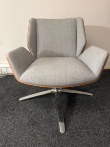 Boss Design Kruze Low Back KRU12 Swivel Armchair in Grey Fabric, with Wooden Back & Chrome Legs.