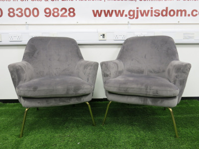 2 x Actona Chisa Grey Suede Lounge Chairs with Gold Legs.