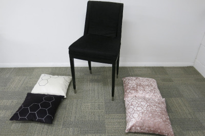 Black Material Chair with 4 x Cushions (As Viewed).