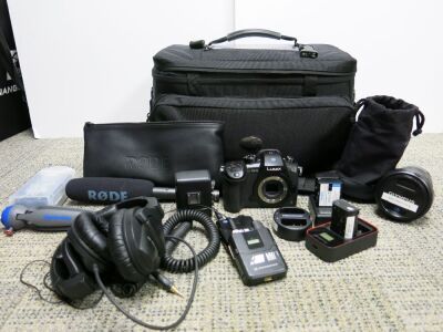 Mantona Camera & IT Bag to Include: Panasonic Lumix DC-GH5 Camera, 3 x Batteries, 3 x Battery Chargers, Olympus 12-100mm IS Pro Camera Lens, Panasonic Lumix DMW-XLR1 Microphone Adapter, Rode NTG-2 Microphone with Accessories, 2 x Sennheiser Digital Bodypa