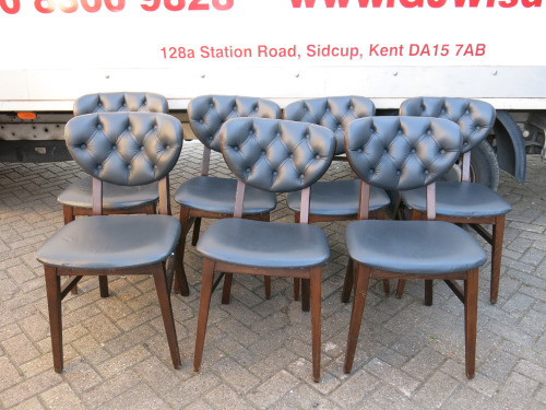 26 x Stained Wood Framed Chairs with Charcoal Grey Faux Leather Seats.