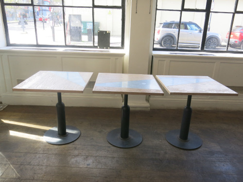 7 x Assorted Sized Marble Top Dining Tables to Include: 3 x Rectangular with Twin Metal Pedestal Legs, Size H75 x W120 x D70cm, 2 x Square with Single Metal Pedestal Legs, Size H75 x W70 x D70cm & 2 x Round Dia 75cm x Dia 120 & 90cm.