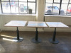 7 x Assorted Sized Marble Top Dining Tables to Include: 3 x Rectangular with Twin Metal Pedestal Legs, Size H75 x W120 x D70cm, 2 x Square with Single Metal Pedestal Legs, Size H75 x W70 x D70cm & 2 x Round Dia 75cm x Dia 120 & 90cm.