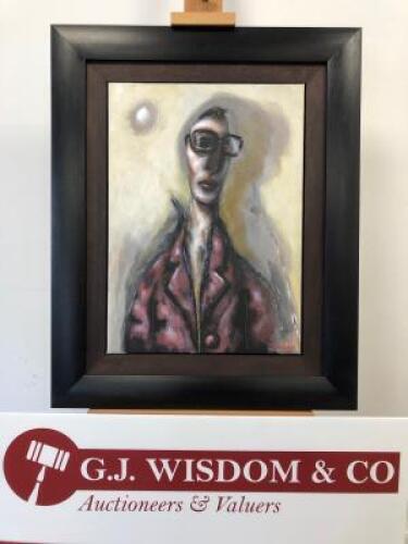 Chris Gollon (1953-2017) 'Portrait Of A Man with New Glasses', Acrylic on Canvas. Signed & Dated 2011, iapfineart.com Label Verso. Size 22 x 16in